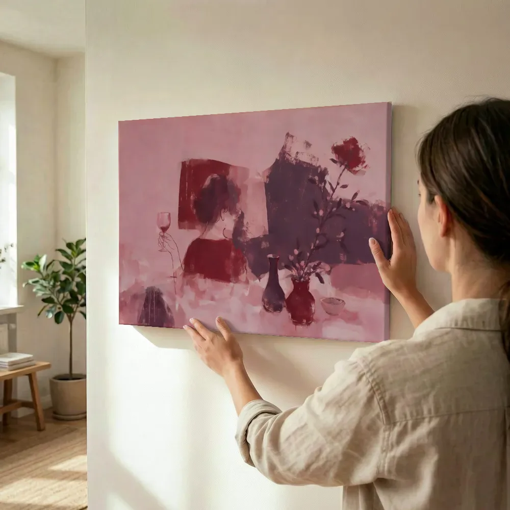 Sfeerimpressie: Abstracte compositie in wijnrood met dieprood terwijl het wordt opgehangen