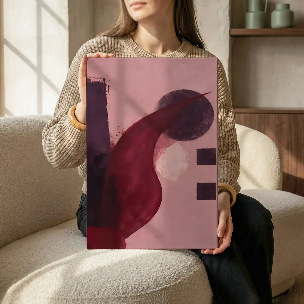 Sfeerimpressie: Abstracte compositie in wijnrood terwijl het zittend wordt getoond