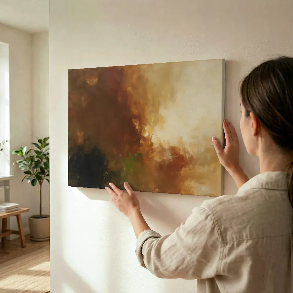 Sfeerimpressie: Abstracte compositie in zachte kleurvelden, bruin terwijl het wordt opgehangen