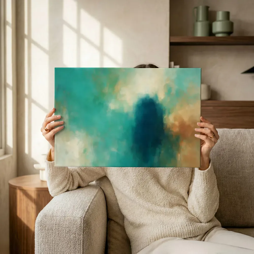 Sfeerimpressie: Abstracte compositie in zachte kleurvelden, turquoise terwijl het omhoog wordt gehouden