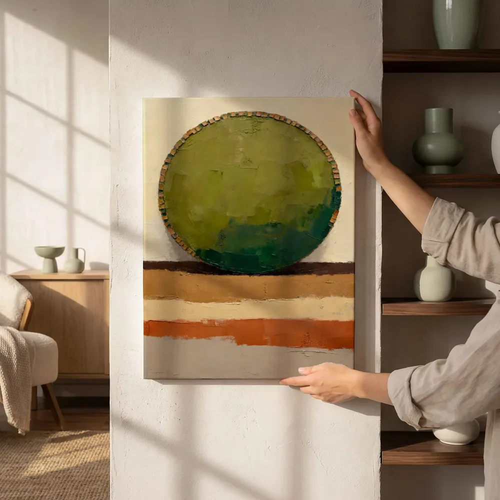 Sfeerimpressie: Abstracte compositie met een cirkel in aardetinten naast de kast