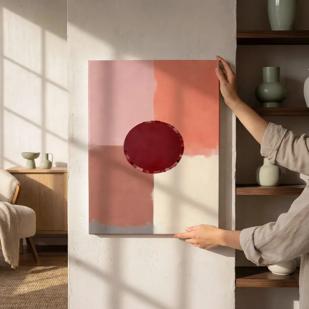 Sfeerimpressie: Abstracte compositie met een cirkel in roze naast de kast