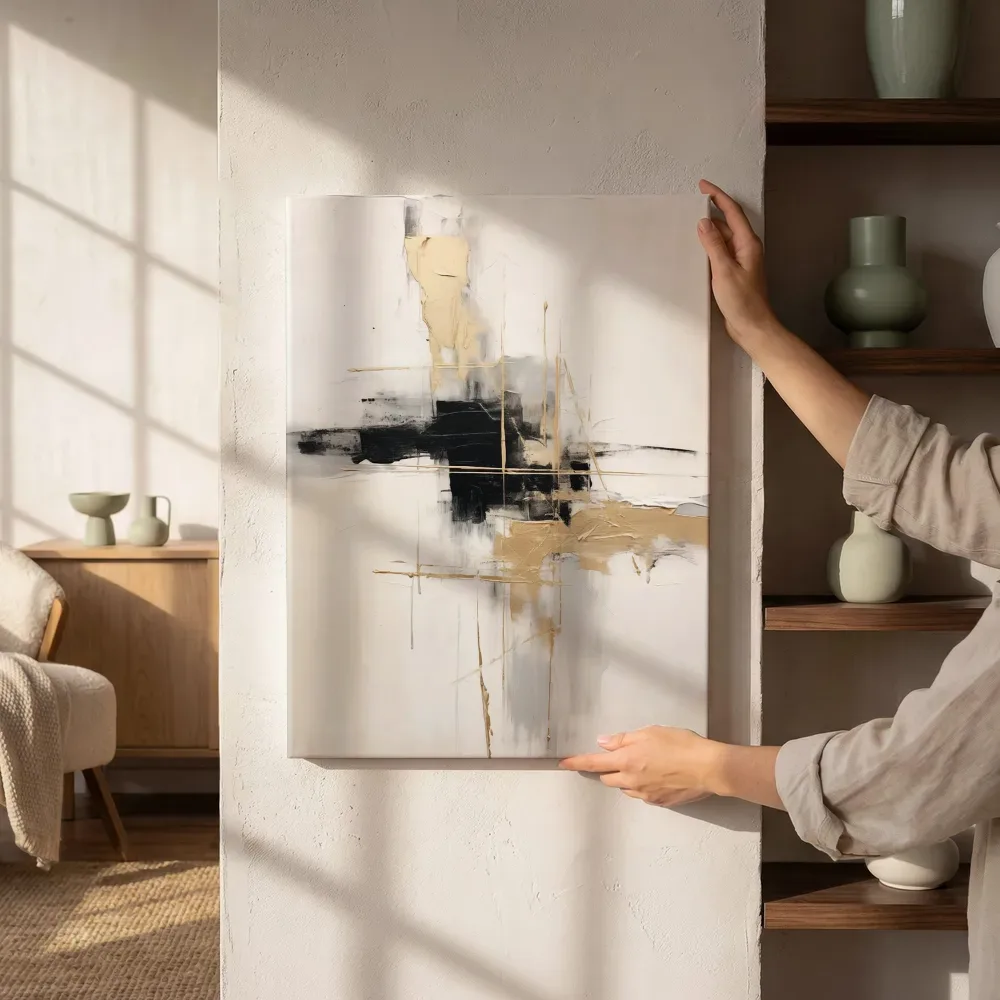Sfeerimpressie: Abstracte compositie met goudlijnen naast de kast