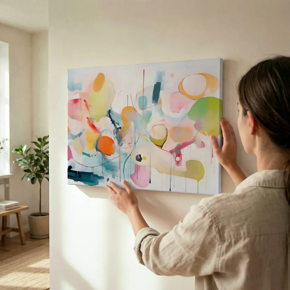 Sfeerimpressie: Abstracte compositie in pastel met verfdruppels terwijl het wordt opgehangen