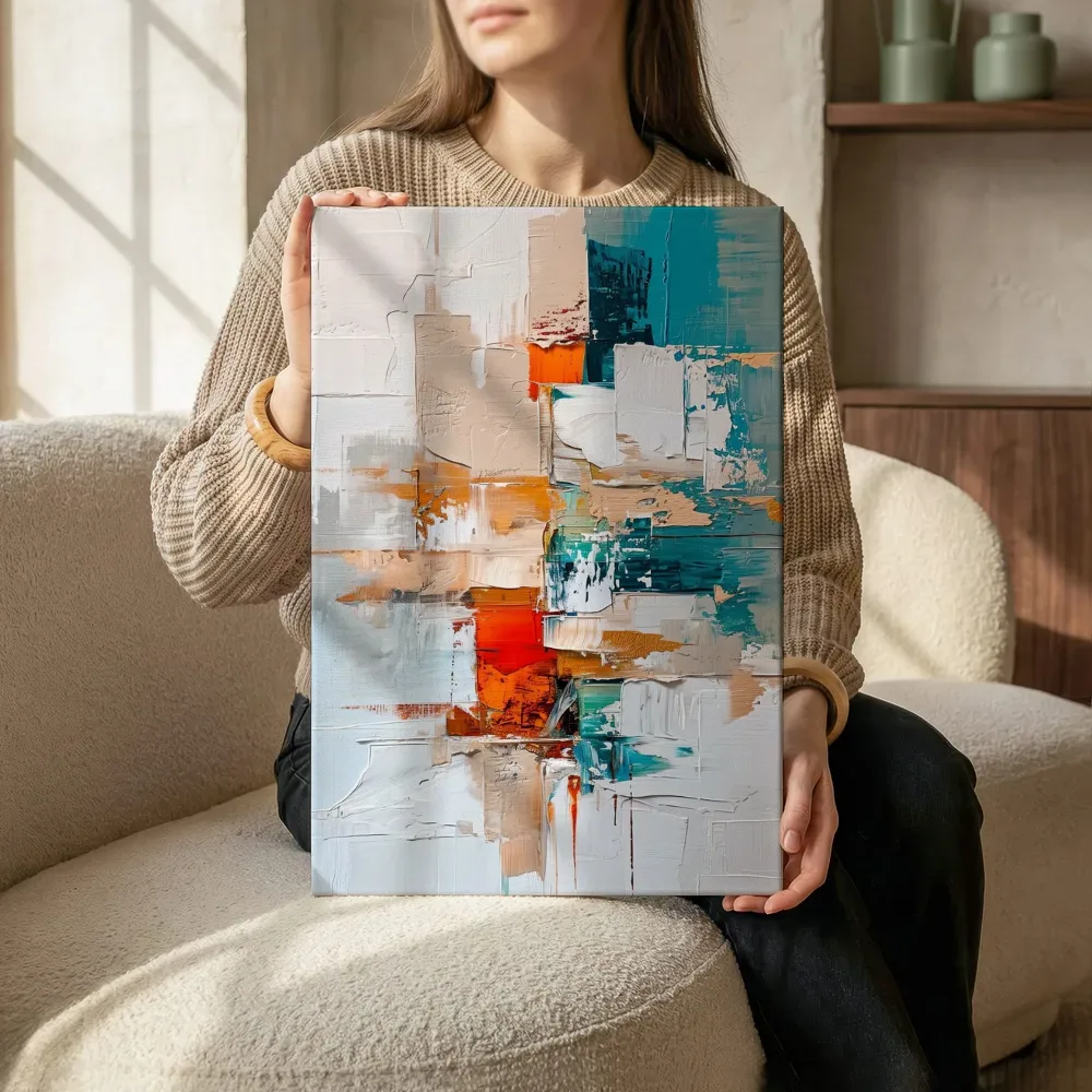 Sfeerimpressie: Abstracte compositie turkoois terwijl het zittend wordt getoond