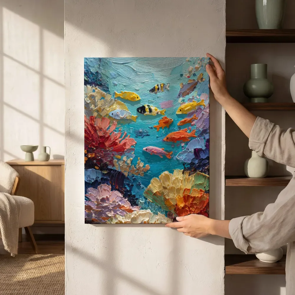 Sfeerimpressie: Abstracte compositie van kleurrijke vissen naast de kast