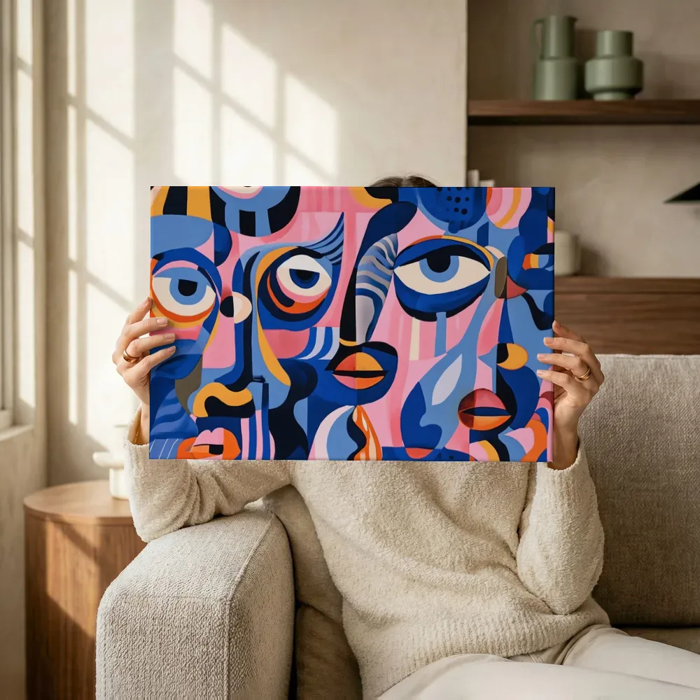 Sfeerimpressie: Abstracte cubistische gezichten terwijl het omhoog wordt gehouden