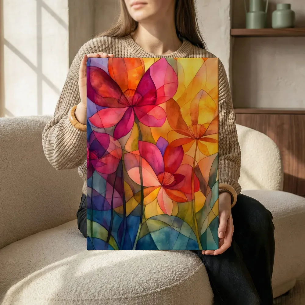 Sfeerimpressie: Abstracte glas-in-lood bloemen terwijl het zittend wordt getoond