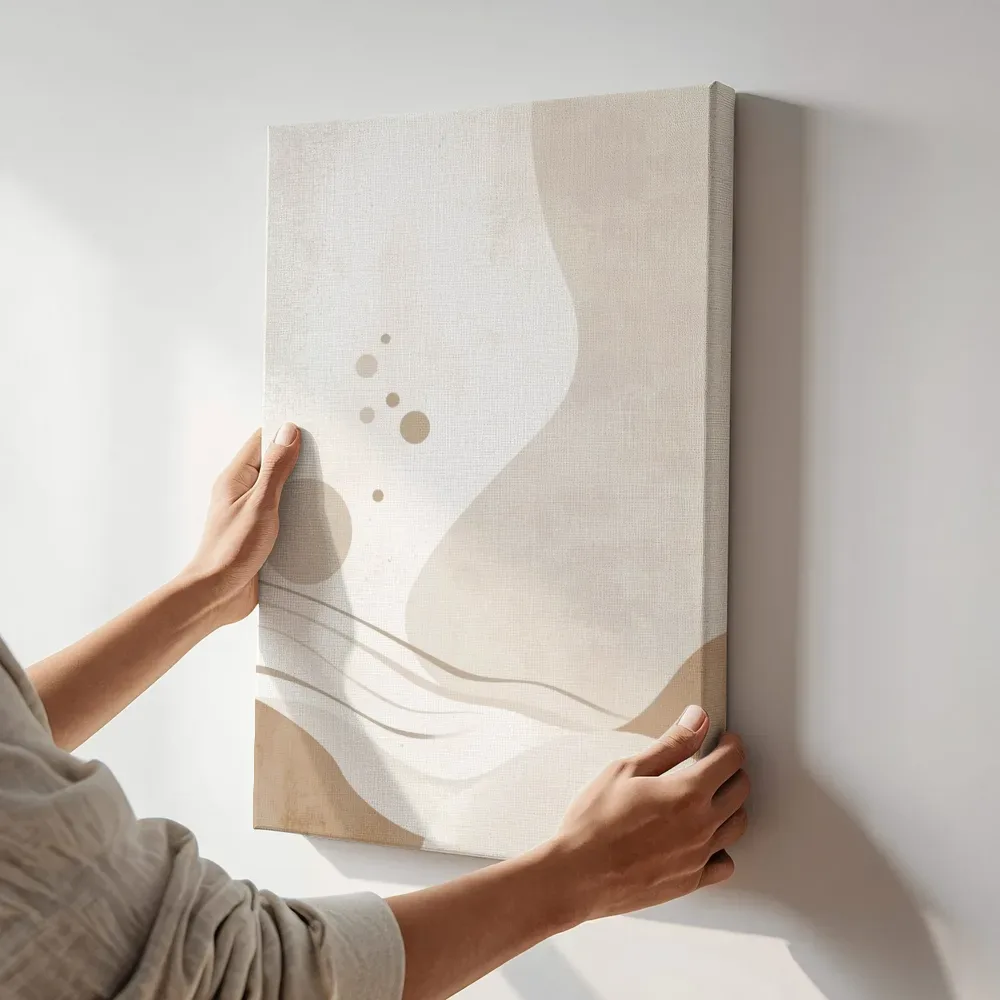 Sfeerimpressie: Abstracte golven beige terwijl het aan de muur wordt gehangen