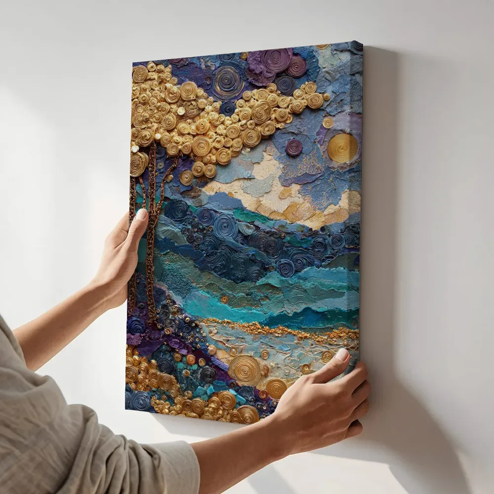Sfeerimpressie: Abstracte gouden boom berglandschap terwijl het aan de muur wordt gehangen