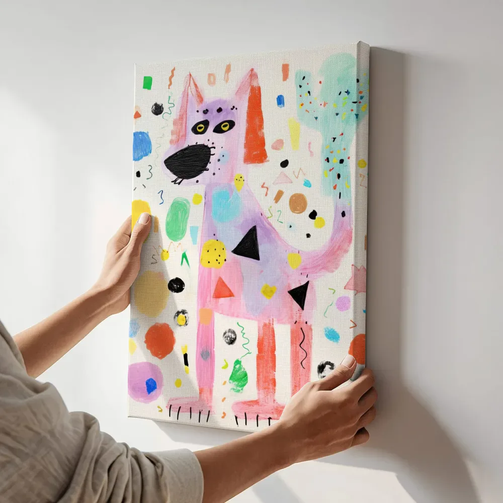 Sfeerimpressie: Abstracte hond met confetti terwijl het aan de muur wordt gehangen