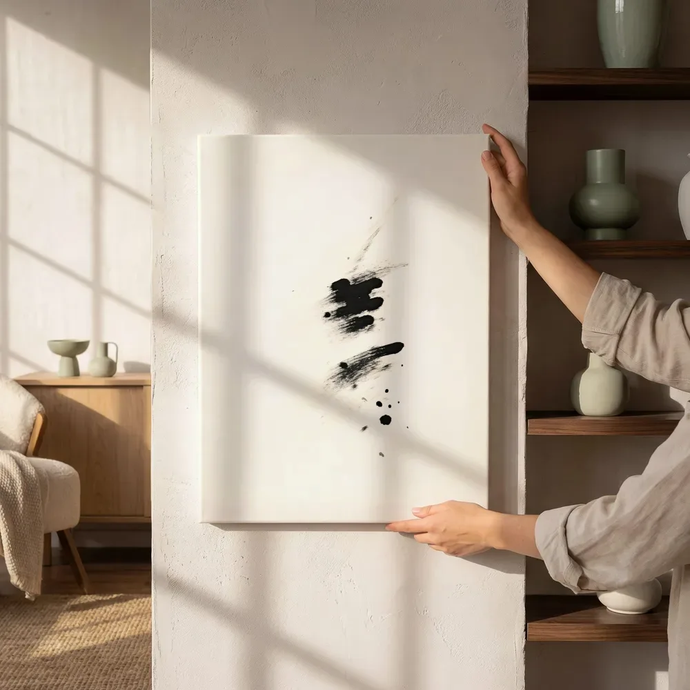Sfeerimpressie: Abstracte inktspatten naast de kast