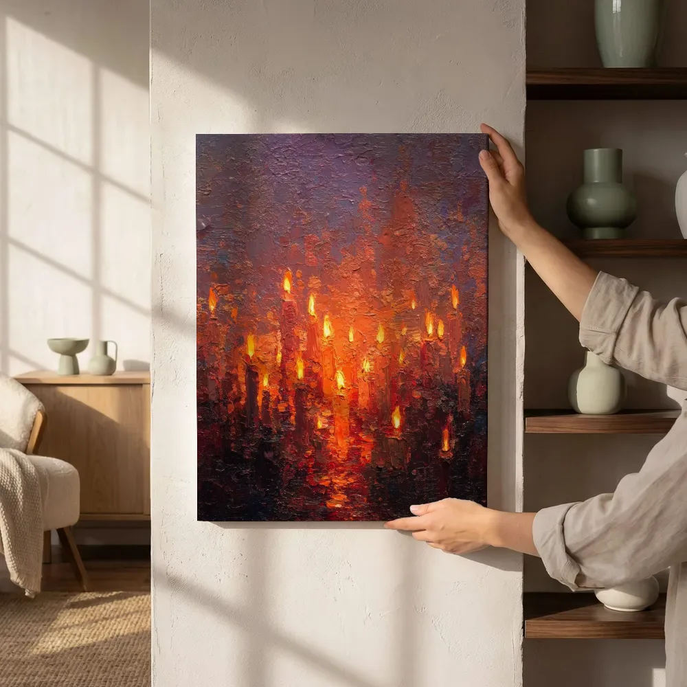 Sfeerimpressie: Abstracte kaarsen in rood en blauw naast de kast