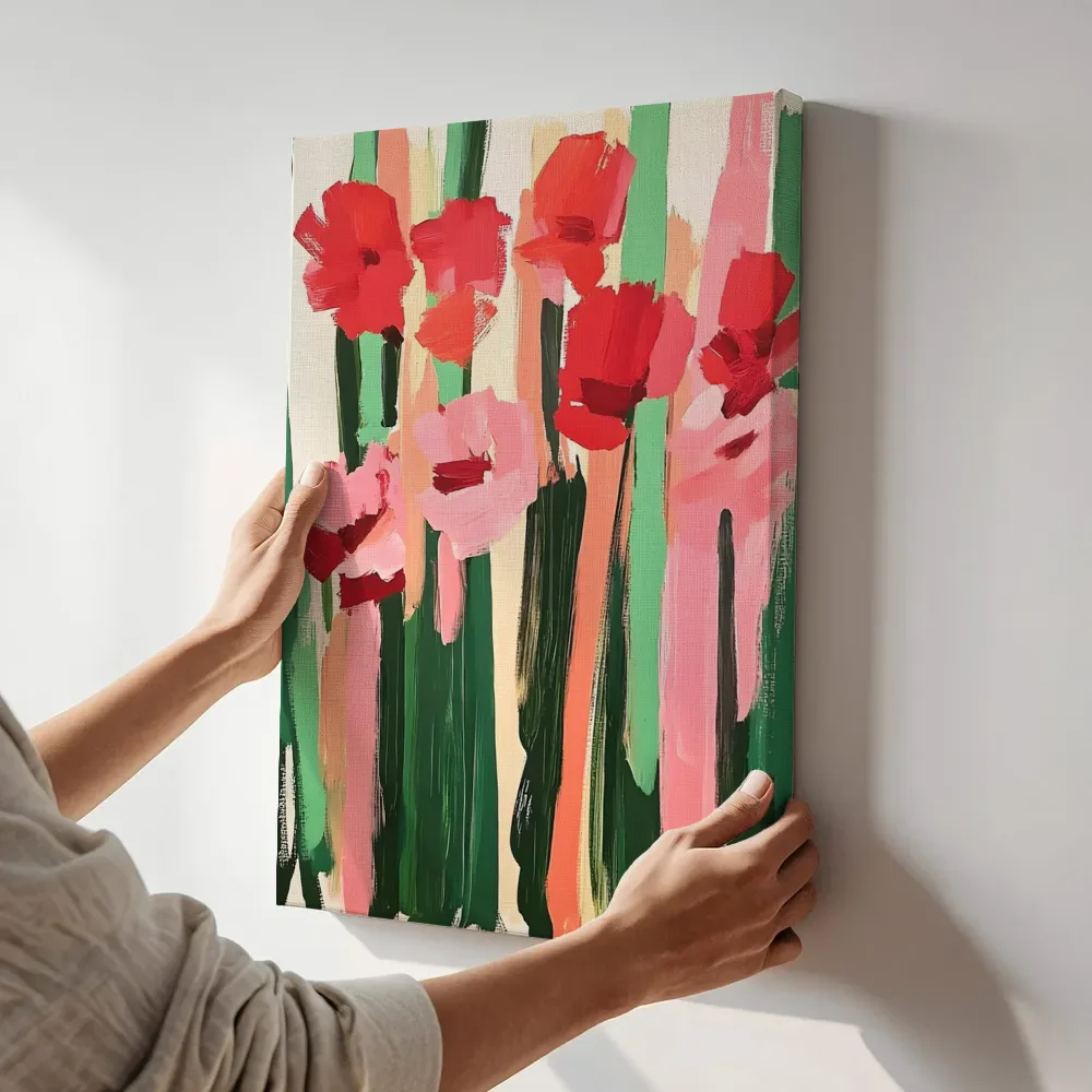 Sfeerimpressie: Abstracte klaprozen op groen terwijl het aan de muur wordt gehangen