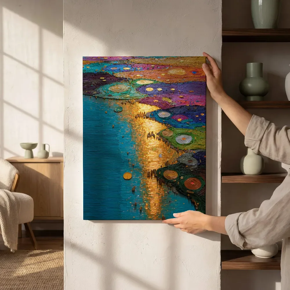 Sfeerimpressie: Abstracte kleurenmozaïek waterreflectie naast de kast