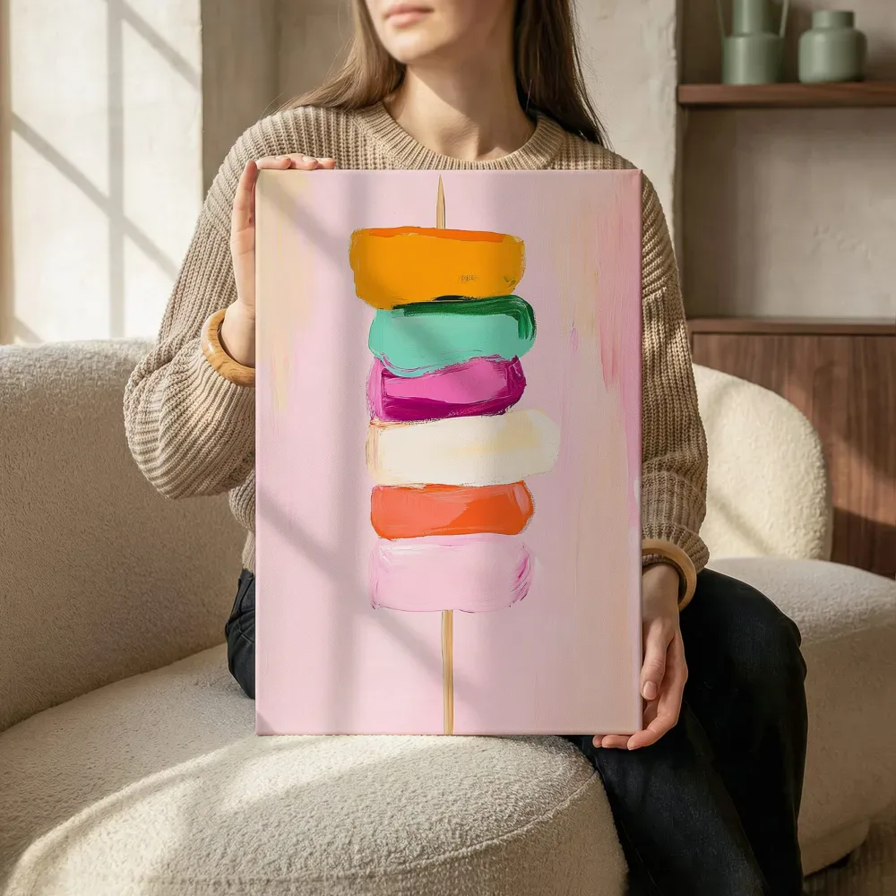 Sfeerimpressie: Abstracte kleurenstapel op prikker terwijl het zittend wordt getoond
