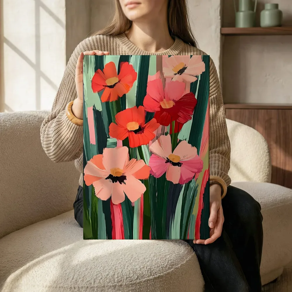 Sfeerimpressie: Abstracte kleurrijke bloemen terwijl het zittend wordt getoond