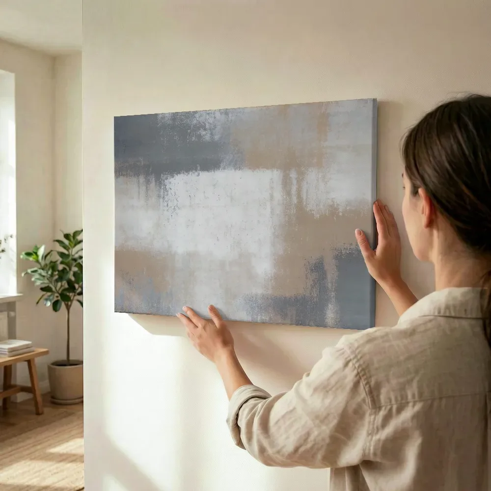Sfeerimpressie: Abstracte kleurvlakken in taupe en goud terwijl het wordt opgehangen