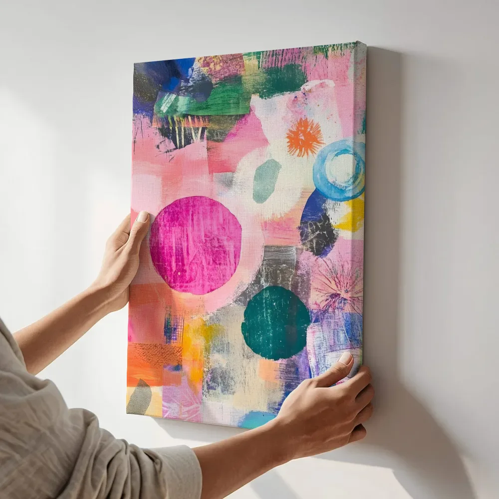 Sfeerimpressie: Abstracte kleurvlakken met zonnebloem motief terwijl het aan de muur wordt gehangen