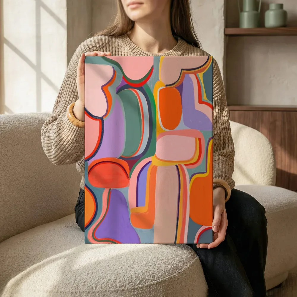 Sfeerimpressie: Abstracte kleurvormen pop art terwijl het zittend wordt getoond