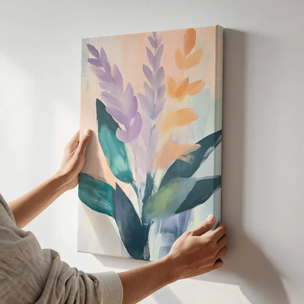 Sfeerimpressie: Abstracte paarse bloemtakken terwijl het aan de muur wordt gehangen