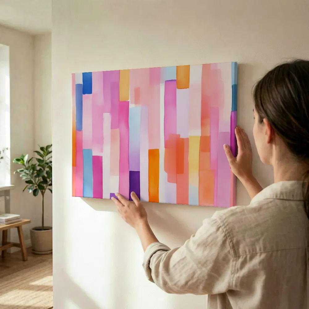 Sfeerimpressie: Abstracte pastelkleurige strepen terwijl het wordt opgehangen