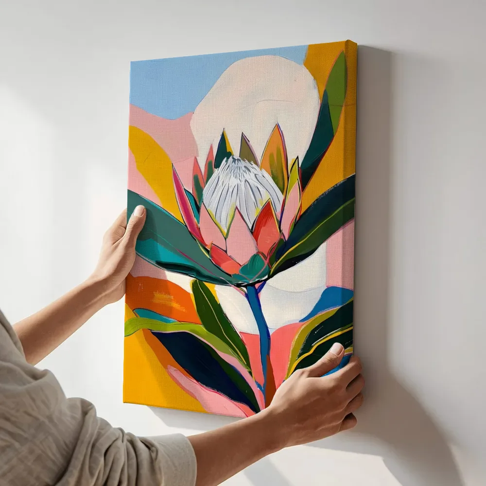 Sfeerimpressie: Abstracte protea terwijl het aan de muur wordt gehangen