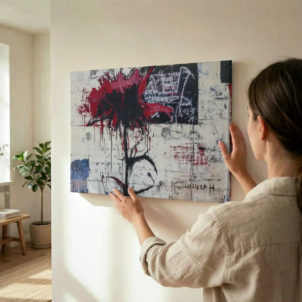 Sfeerimpressie: Abstracte rood-zwarte distelbloem terwijl het wordt opgehangen