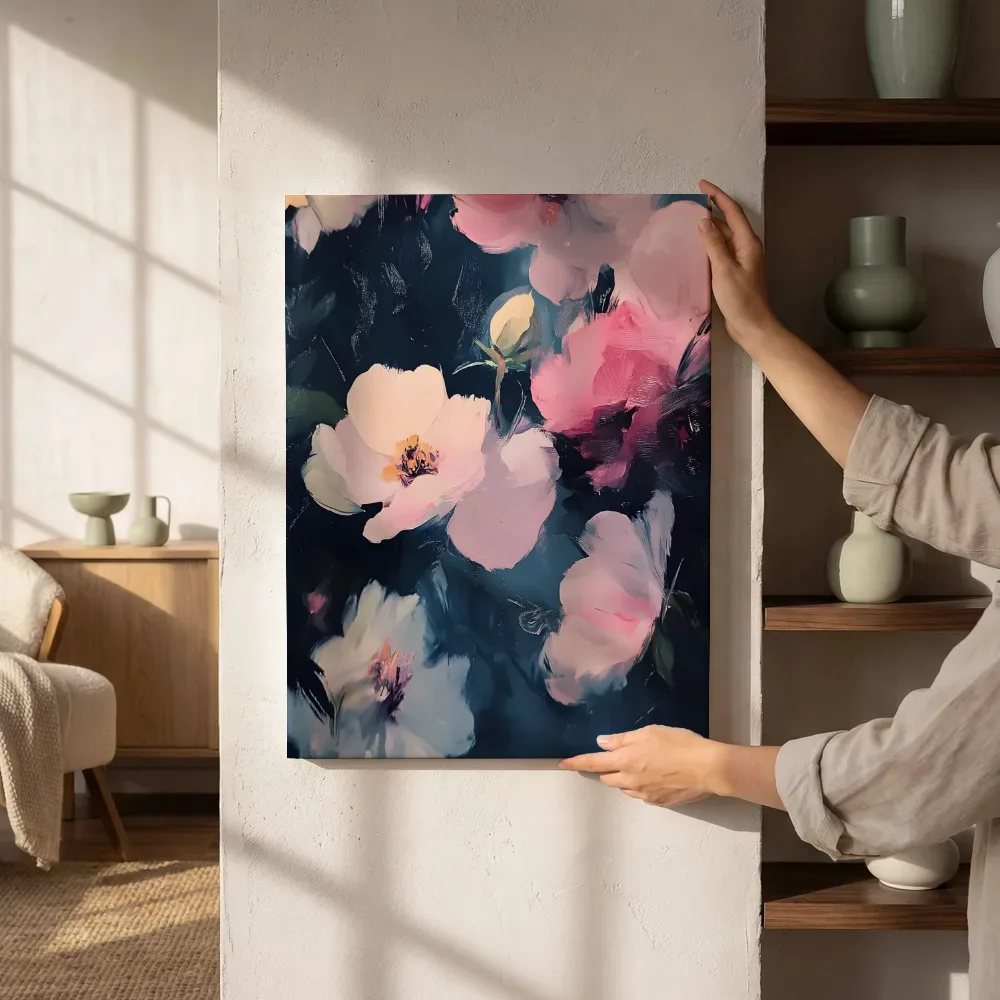 Sfeerimpressie: Abstracte roze bloemen op donkere achtergrond naast de kast