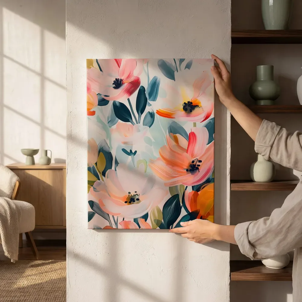 Sfeerimpressie: Abstracte roze en oranje bloemen naast de kast