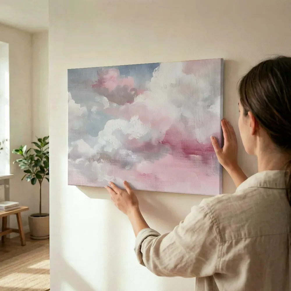 Sfeerimpressie: Abstracte roze wolkenlucht terwijl het wordt opgehangen