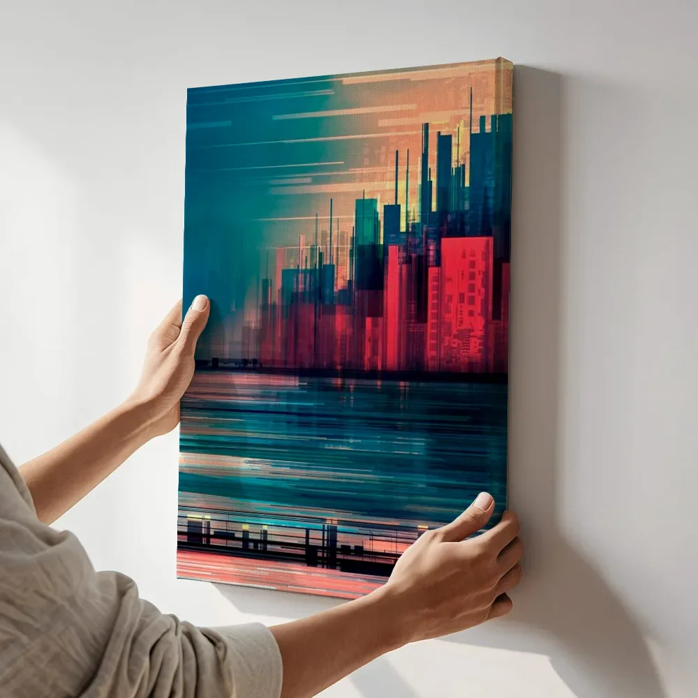 Sfeerimpressie: Abstracte skyline reflectie terwijl het aan de muur wordt gehangen