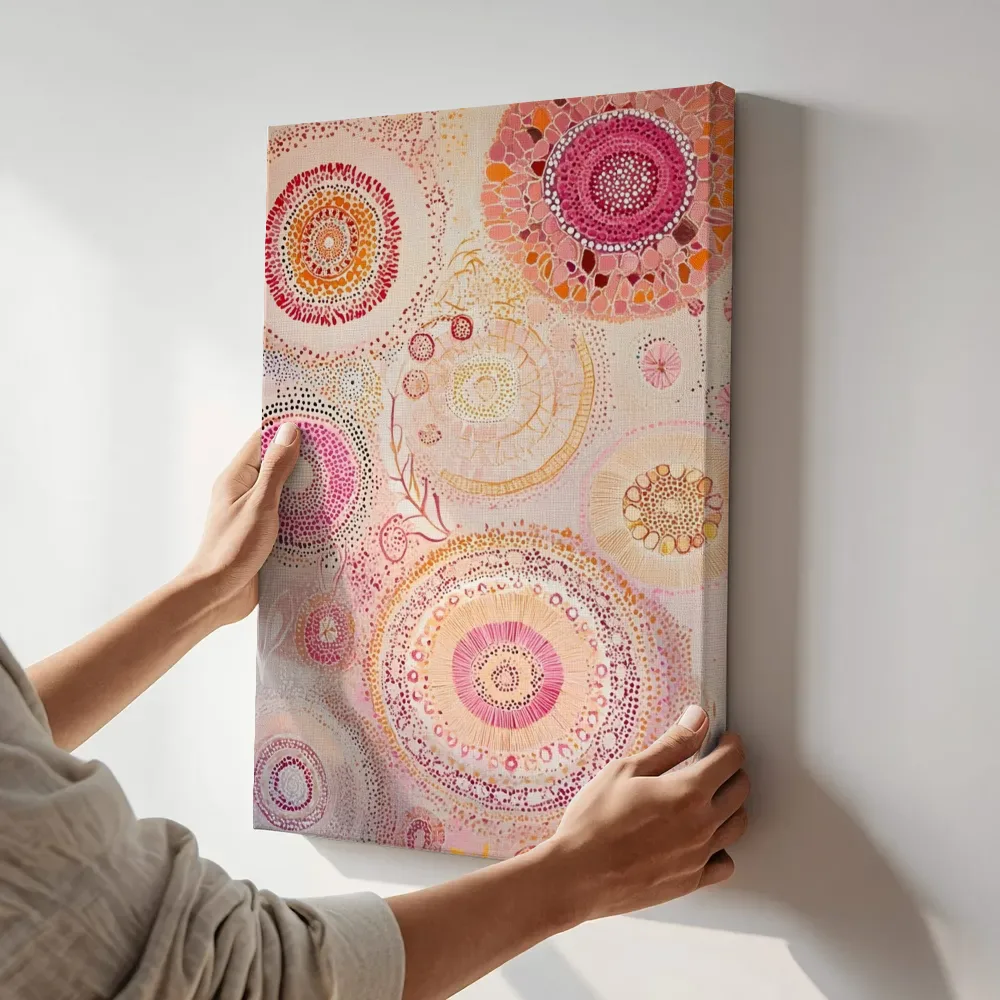 Sfeerimpressie: Abstracte stippen bloemencompositie in oranje en fuchsia terwijl het aan de muur wordt gehangen