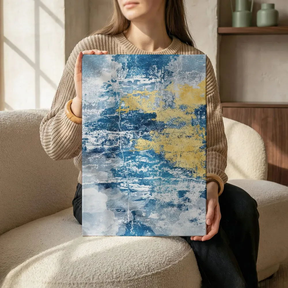 Sfeerimpressie: Abstracte textuur in goud en marineblauw terwijl het zittend wordt getoond