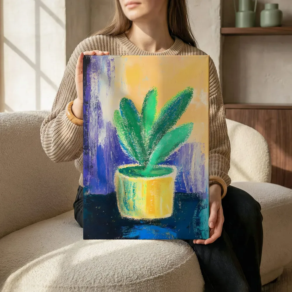 Sfeerimpressie: Abstracte vetplant in gele pot terwijl het zittend wordt getoond