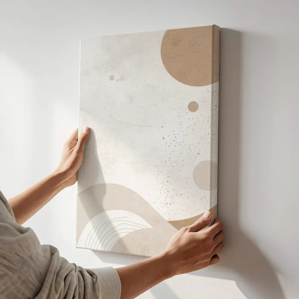 Sfeerimpressie: Abstracte vormen beige terwijl het aan de muur wordt gehangen
