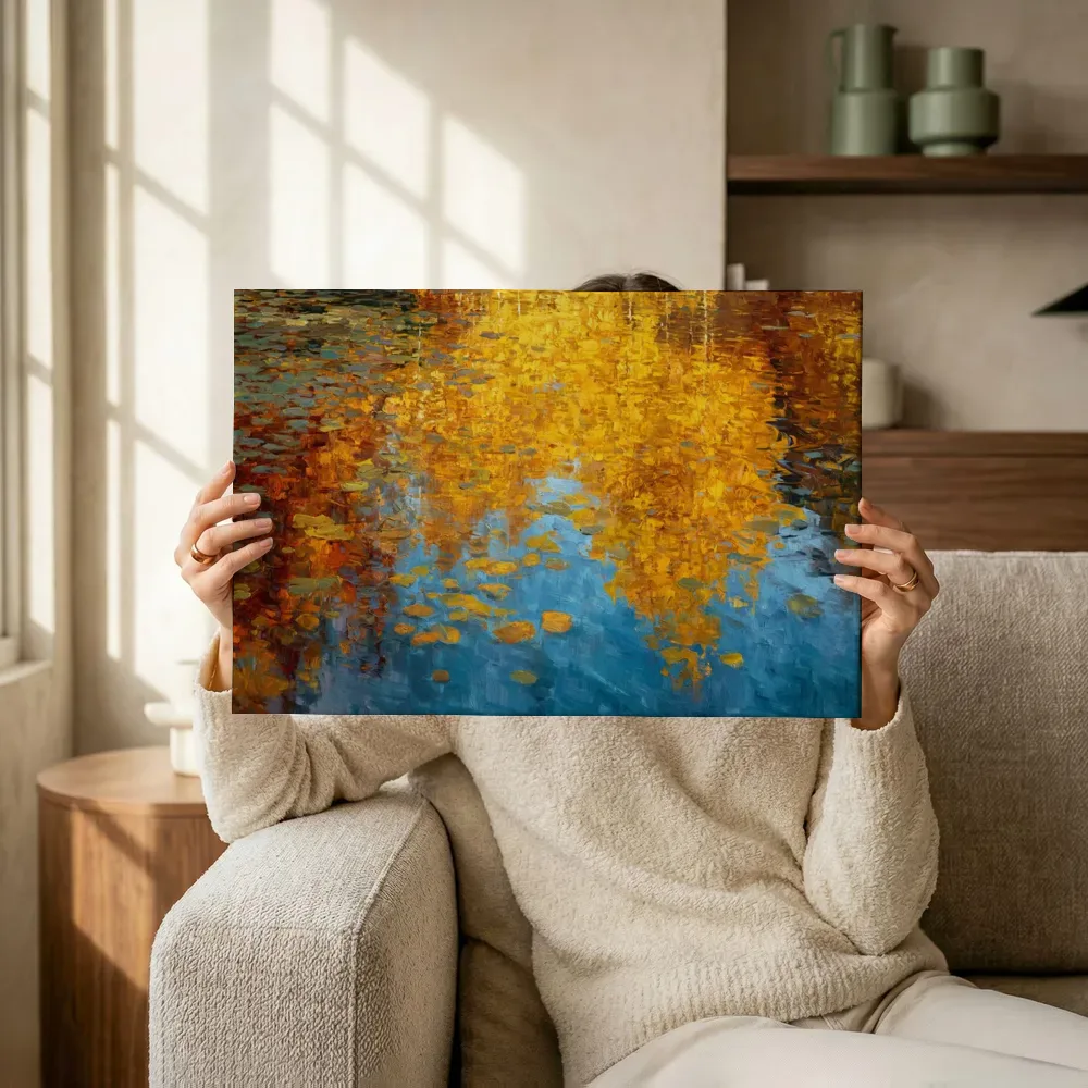 Sfeerimpressie: Abstracte waterspiegeling in goud en blauw terwijl het omhoog wordt gehouden