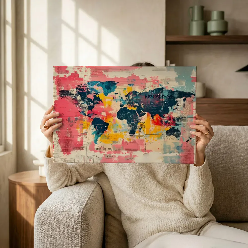 Sfeerimpressie: Abstracte wereldkaart collage terwijl het omhoog wordt gehouden