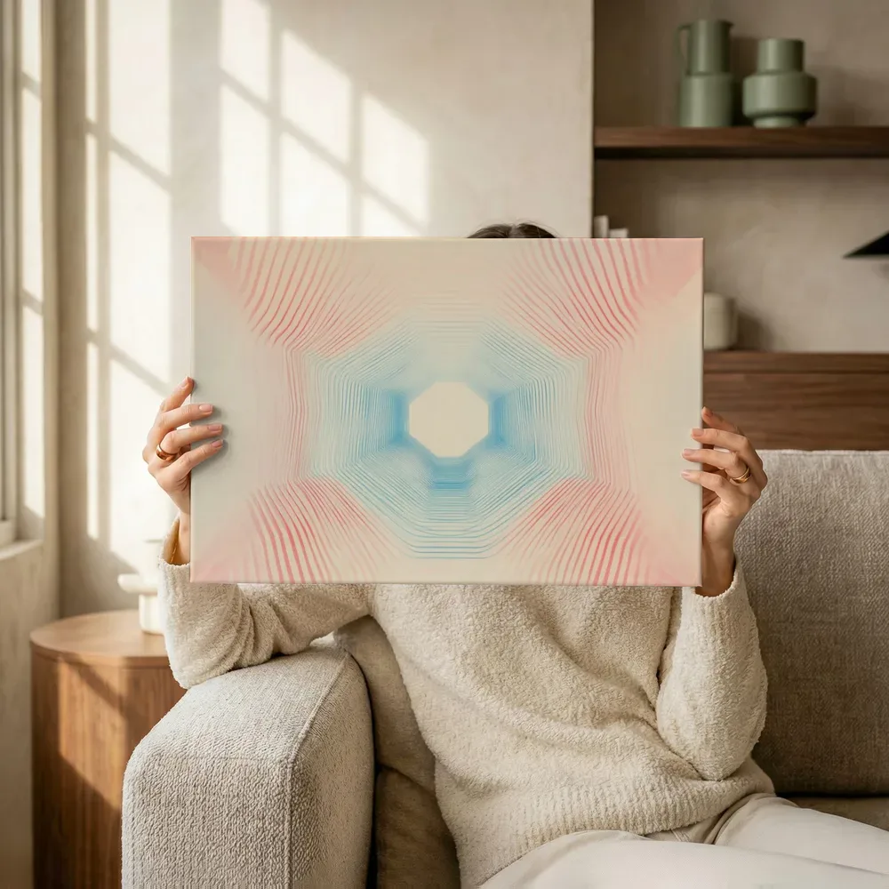 Sfeerimpressie: Achthoek in roze en blauw terwijl het omhoog wordt gehouden