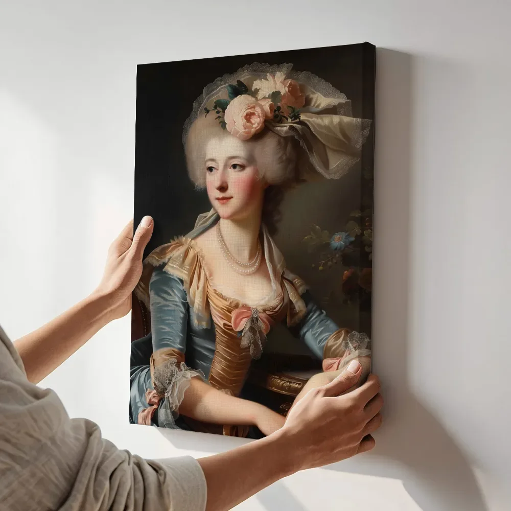 Sfeerimpressie: Achttiende-eeuwse vrouw met rozen in het haar terwijl het aan de muur wordt gehangen