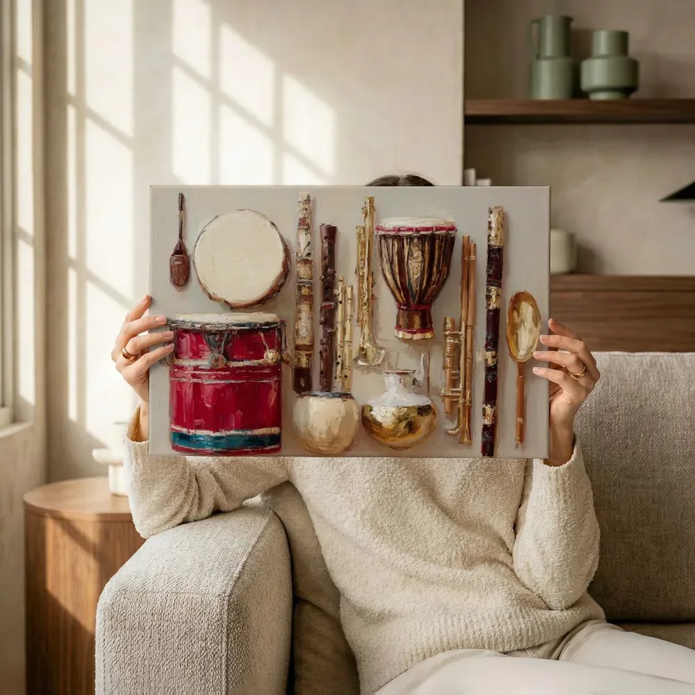 Sfeerimpressie: Muziekinstrumenten aan de muur terwijl het omhoog wordt gehouden