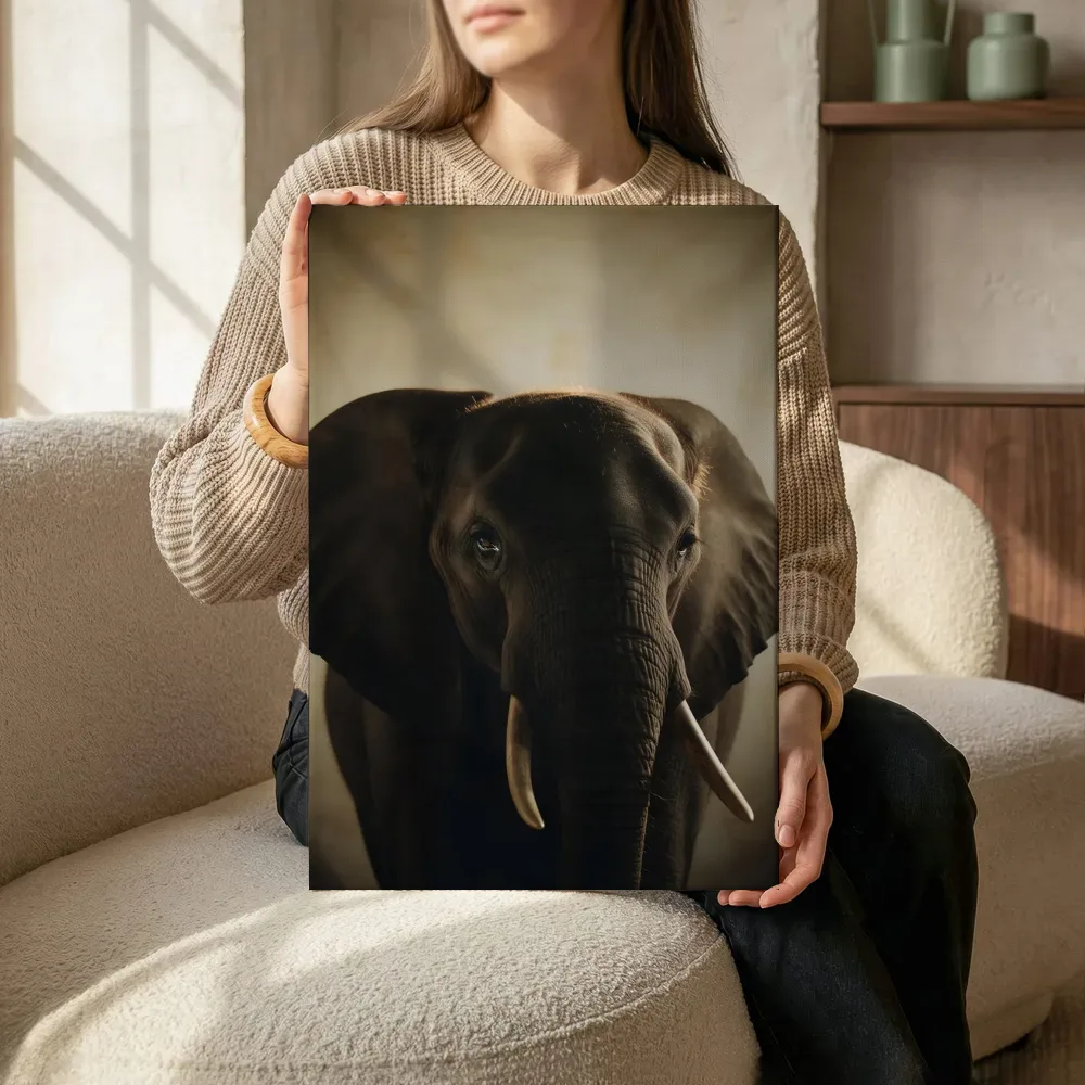 Sfeerimpressie: Afrikaanse Olifant van voren in creme terwijl het zittend wordt getoond