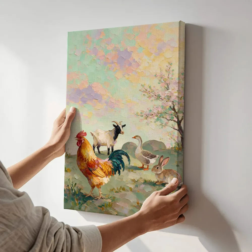 Sfeerimpressie: Allerlei dieren bij bloesem terwijl het aan de muur wordt gehangen