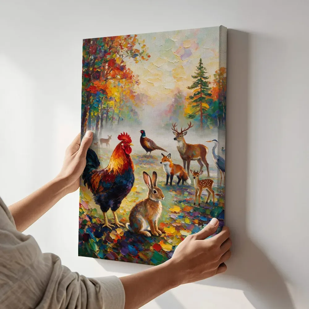 Sfeerimpressie: Allerlei dieren in de mist terwijl het aan de muur wordt gehangen
