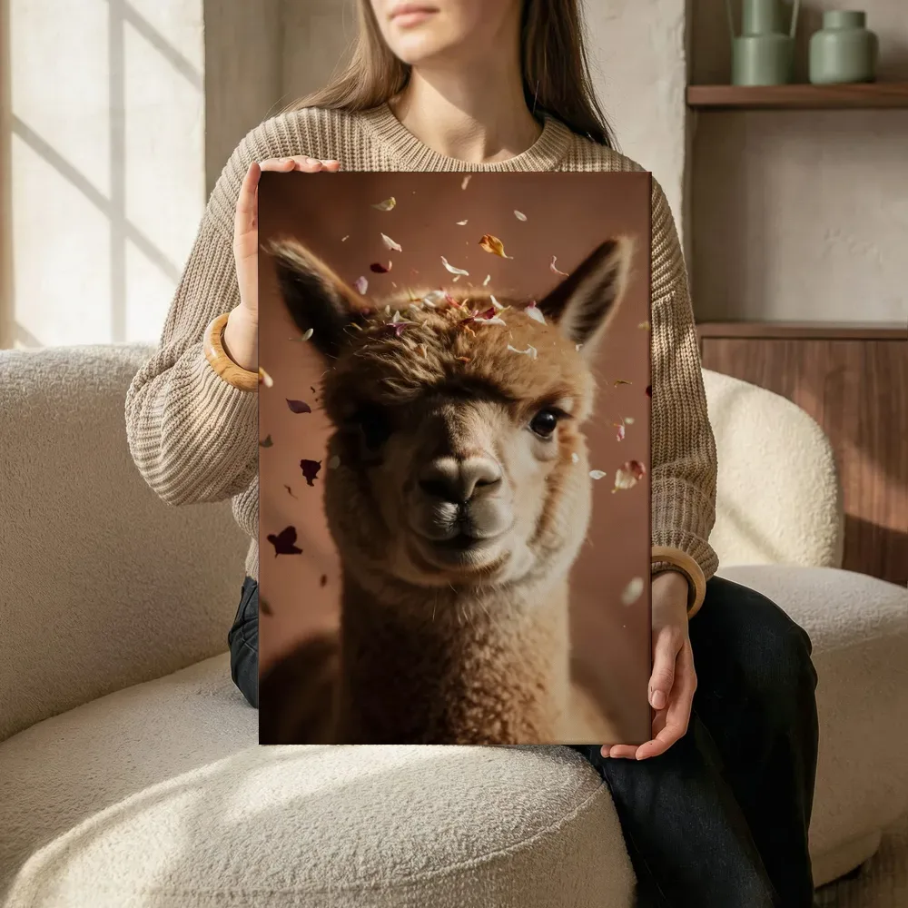 Sfeerimpressie: Alpaca met dwarrelende blaadjes in terracotta terwijl het zittend wordt getoond