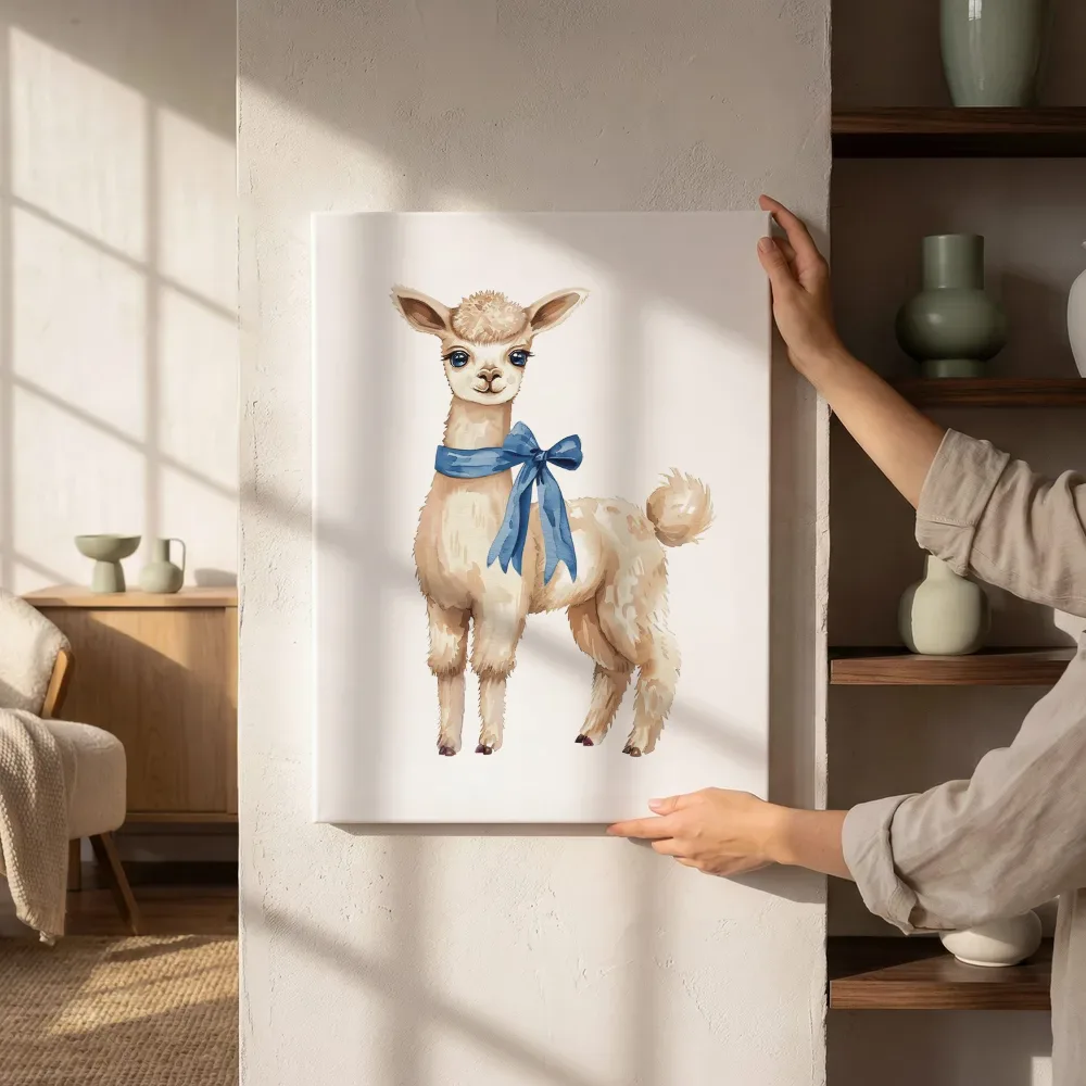 Sfeerimpressie: Alpaca met blauw lint naast de kast