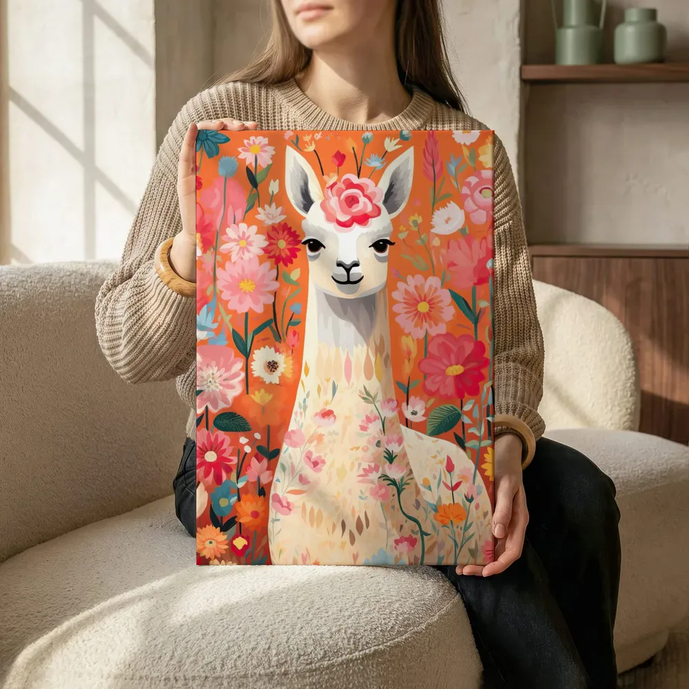Sfeerimpressie: Alpaca met roos tussen bloemen terwijl het zittend wordt getoond