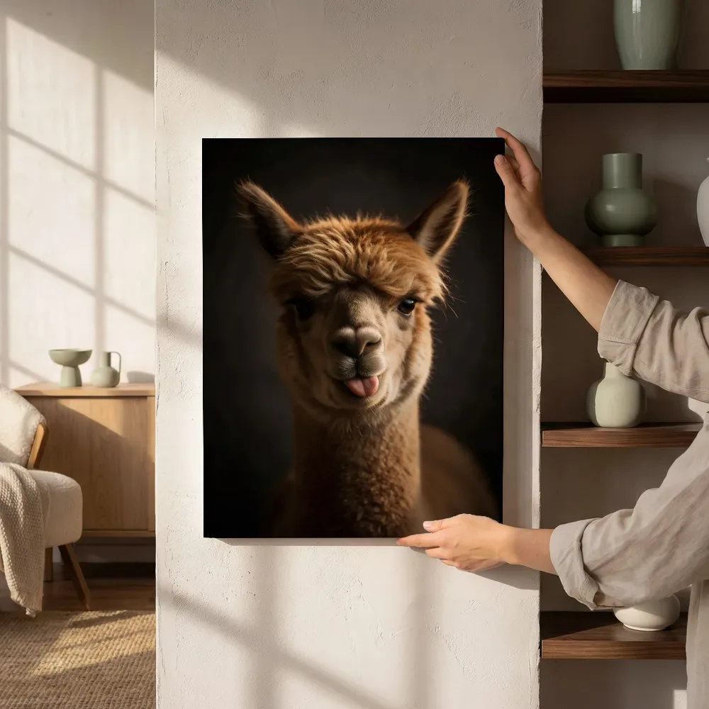 Sfeerimpressie: Alpaca steekt zijn tong uit in diepzwart naast de kast
