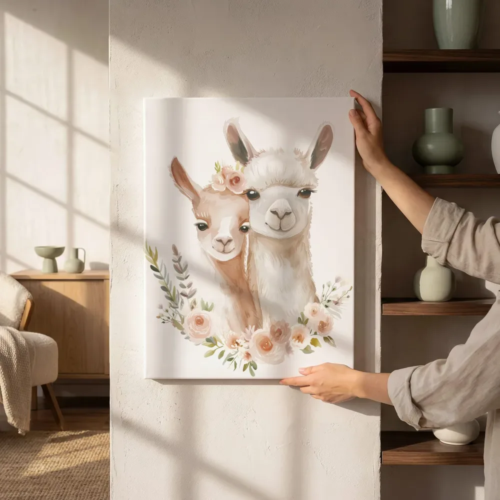 Sfeerimpressie: Lieve alpaca's met bloemen naast de kast