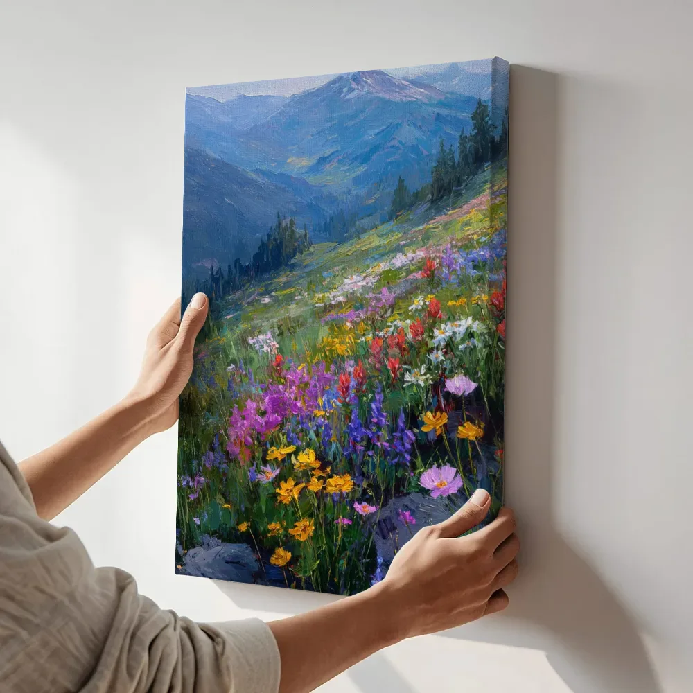 Sfeerimpressie: Alpenweide bij de bergtop terwijl het aan de muur wordt gehangen